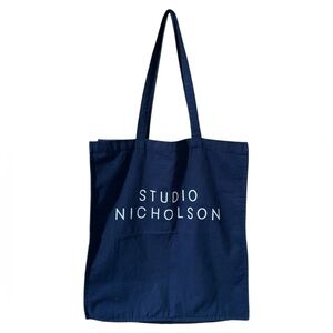 Studio Nicholson Navy Blue Cotton Canvas Logo Tote Bag Shoulder Functional